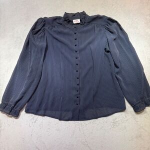Vintage Navy Pinstripe Ruffle High Neck Puff Sleeve Button Up Blouse Top Sheer